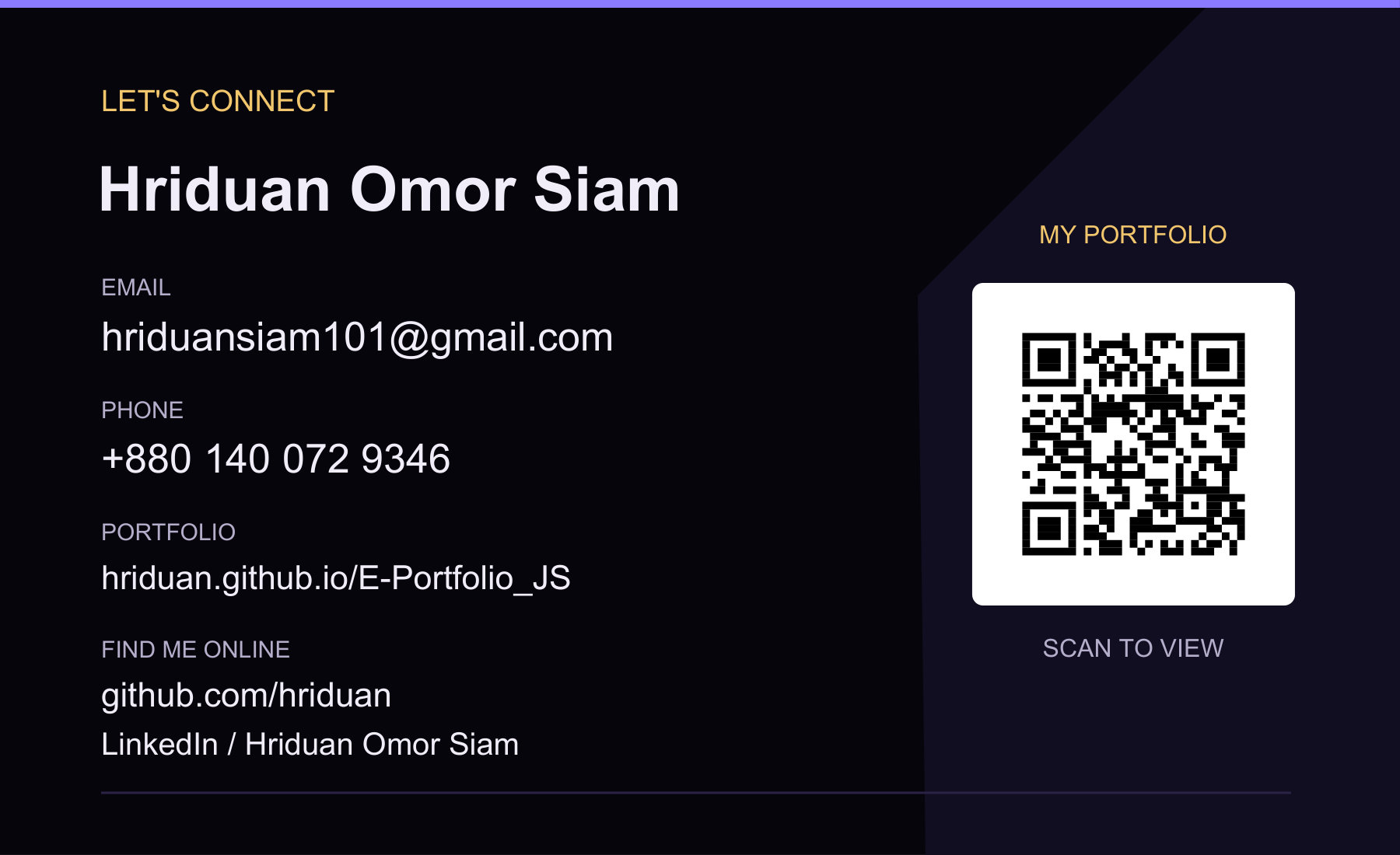 Back of the card: email, phone, social links and a QR code linking to the portfolio.